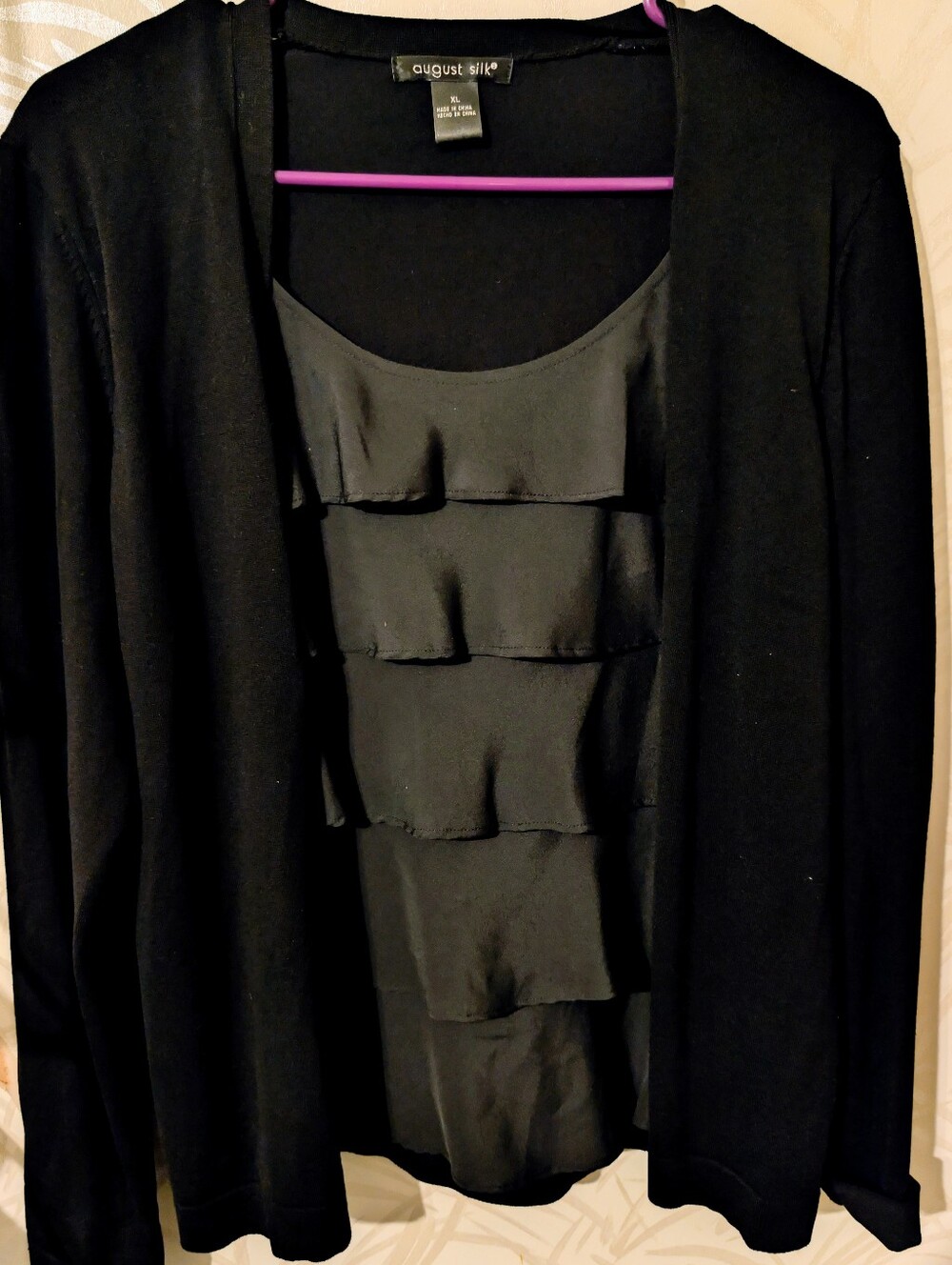 August Silk Women's Black Ruffle Front Shell and Cardigan Set Size XL